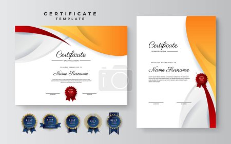 Moderne orangefarbene Zertifikate. Diplom-Grenzschablone Set mit Abzeichen für Auszeichnung, Wirtschaft und Ausbildung