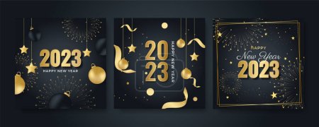 Photo for Happy new 2023 year elegant gold text with light. Minimal text template on black background - Royalty Free Image
