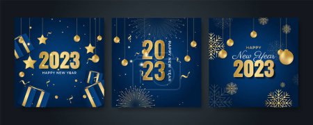 Photo for Happy new year 2023 square post card background for social media template. Blue and gold 2023 new year winter holiday greeting card template. Minimalistic trendy banner for branding, cover, card. - Royalty Free Image
