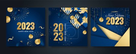Feliz año nuevo 2023 fondo de tarjeta postal cuadrada para plantilla de redes sociales. Azul y oro 2023 nueva plantilla de tarjeta de felicitación de vacaciones de invierno año. Banner minimalista de moda para marca, portada, tarjeta.