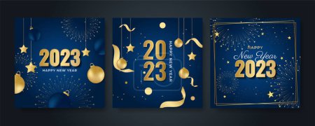 Photo for Happy new year 2023 square post card background for social media template. Blue and gold 2023 new year winter holiday greeting card template. Minimalistic trendy banner for branding, cover, card. - Royalty Free Image