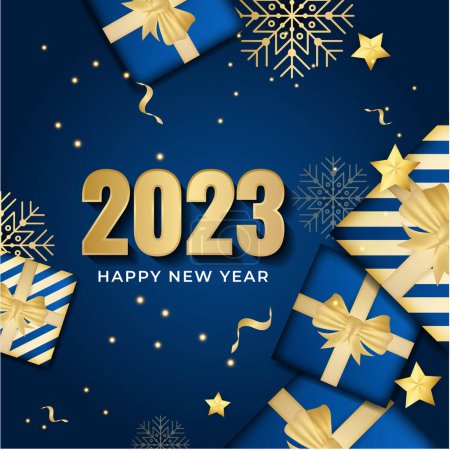 Illustration for Happy new year 2023 square post card background for social media template. Blue and gold 2023 new year winter holiday greeting card template. Minimalistic trendy banner for branding, cover, card. - Royalty Free Image