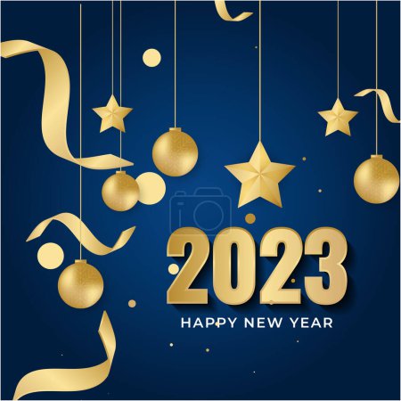 Illustration for Happy new year 2023 square post card background for social media template. Blue and gold 2023 new year winter holiday greeting card template. Minimalistic trendy banner for branding, cover, card. - Royalty Free Image