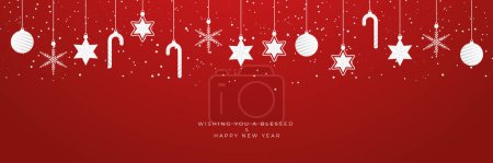 Illustration for Hanging christmas icons and new year greeting wide banner background - Royalty Free Image