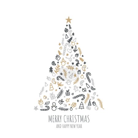 Téléchargez les illustrations : Concept de carte de vœux avec les mots Joyeux Noël. Forme abstraite d'arbre de Noël arrangée avec des symboles festifs - en licence libre de droit