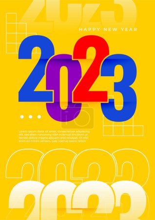 Téléchargez les illustrations : Concept 2023 simple et coloré, carte postale Bonne année. Modèles avec typographie logo 2023 pour la célébration, modèle tendance pour l'image de marque, bannière, couverture, carte, médias sociaux, illustration vectorielle - en licence libre de droit