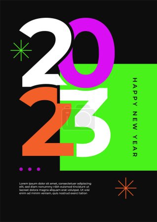 Téléchargez les illustrations : Concept 2023 simple et coloré, carte postale Bonne année. Modèles avec typographie logo 2023 pour la célébration, modèle tendance pour l'image de marque, bannière, couverture, carte, médias sociaux, illustration vectorielle - en licence libre de droit