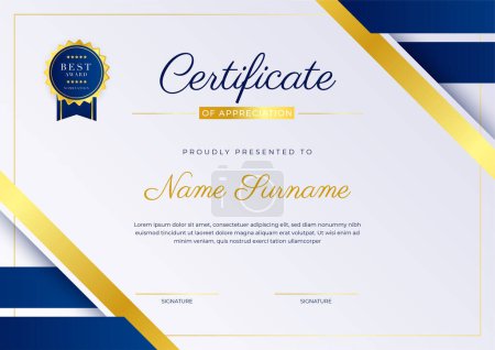 Téléchargez les illustrations : Modèle de certificat de réussite bleu et or avec badge or et bordure - en licence libre de droit