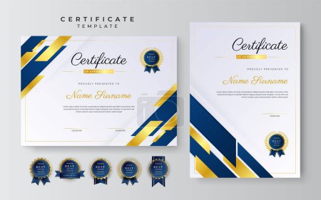 Illustration for Dark blue and gold certificate of achievement border template with luxury badge and modern line pattern. For award, business, and education needs - Royalty Free Image