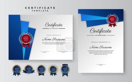 Téléchargez les illustrations : Modèle de frontière de certificat de réussite bleu et blanc avec badge de luxe et motif de ligne moderne. Pour les besoins de prix, d'affaires et d'éducation - en licence libre de droit