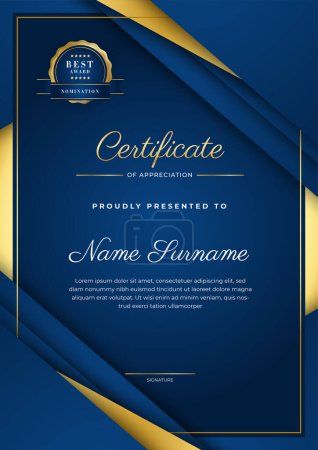 Certificate blue template with modern luxury pattern and golden lines. Vector illustration and vector Luxury premium badges design. Set of retro vintage badges and labels.
