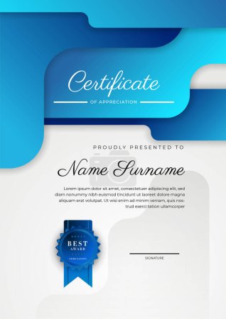 Illustration for Modern blue certificate of achievement award template with badge and border for business and corporate - Royalty Free Image