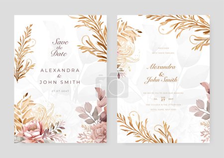 Illustration for Pink rose flower floral vector watercolor colorful wedding invitation card template set with golden floral decoration - Royalty Free Image