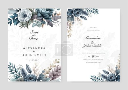 Illustration for Blue orchid flower floral elegant wedding invitation watercolor - Royalty Free Image