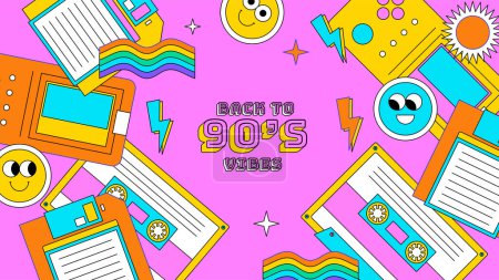 Illustration for Vector hand drawn flat nostalgic 90's youtube thumbnail template - Royalty Free Image