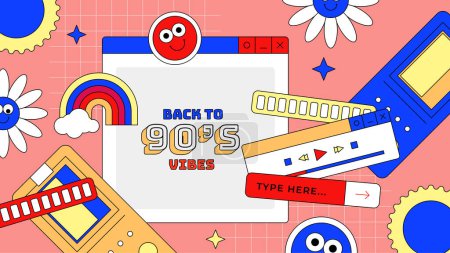 Illustration for Vector 90s retro party cartoon background illustration in trendy flat style design - Royalty Free Image