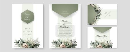 Clear sage green flower watercolor wedding invitation design template