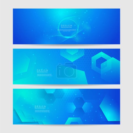 Illustration for Abstract geometric blue wide background banner layout design. Business presentation banner with blue geometric shape. Blue abstract vector long banner. Minimal background with copy space for text - Royalty Free Image