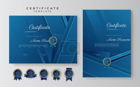 Ilustración de Plantilla de certificado de logro azul y oro con insignia de oro y borde - Imagen libre de derechos