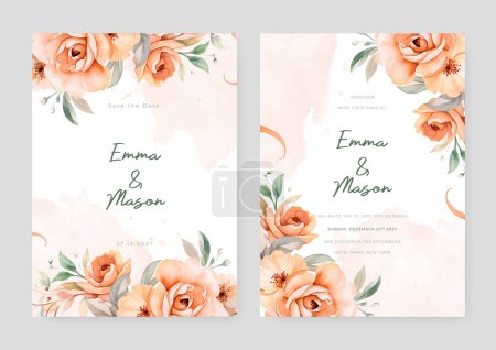 Ilustración de Plantilla de tarjeta de invitación de boda artística rosa melocotón conjunto con decoraciones de flores - Imagen libre de derechos