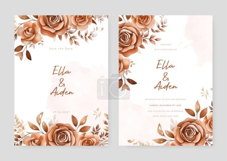Ilustración de Brown rosa hermosa invitación a la boda plantilla de tarjeta conjunto con flores y flores - Imagen libre de derechos