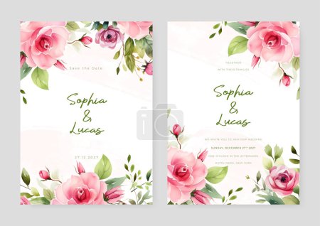 Téléchargez les illustrations : Rose rose beau modèle de carte d'invitation de mariage avec des fleurs et des fleurs - en licence libre de droit