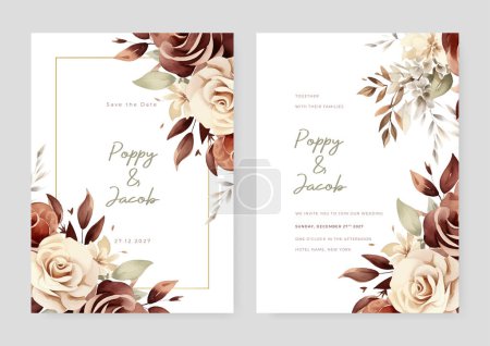 Téléchargez les illustrations : Modèle de carte d'invitation de mariage rose rustique marron et beige avec vecteur de texture aquarelle fleurie et fleur - en licence libre de droit