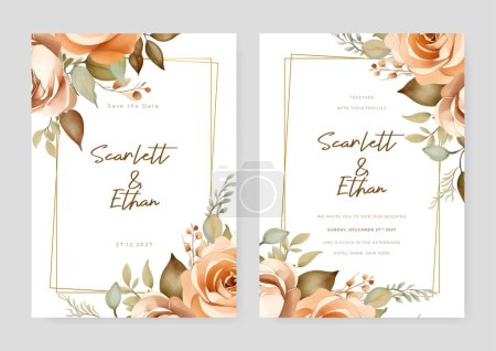 Téléchargez les illustrations : Modèle de carte d'invitation de mariage vectoriel rose beige avec fleurs et feuilles aquarelle - en licence libre de droit