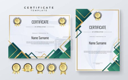 Illustration for Green and gold certificate of appreciation border template with luxury badge and modern line and shapes - Royalty Free Image