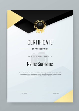 Illustration for Gold white and black certificate of corporate template. Clean modern certificate with gold badge. Certificate border template with luxury and modern line pattern - Royalty Free Image