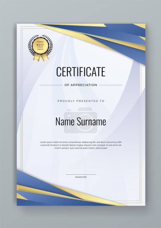 Illustration for Blue and gold certificate modern elegant for appreciation, achievement, awards diploma, corporate - Royalty Free Image