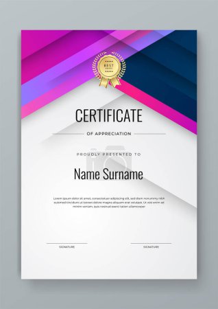 Illustration for Blue pink and purple violet certificate of corporate template. Clean modern certificate with gold badge. Certificate border template with luxury and modern line pattern - Royalty Free Image