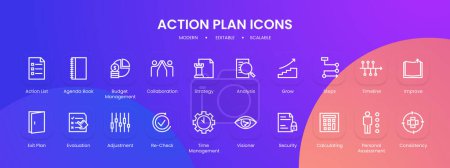 Illustration for Action plan icon collection with black outline style. action, plan, collection, solution, strategy, objective, business. Vector Illustration - Royalty Free Image