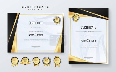 Illustration for Vector modern colorful black, white and gold certificate of achievement template with badge - Royalty Free Image