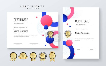 Illustration for Vector modern colorful white blue and pink certificate of achievement template with badge - Royalty Free Image