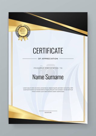 Illustration for Vector modern colorful black, white and gold certificate of achievement template with badge - Royalty Free Image