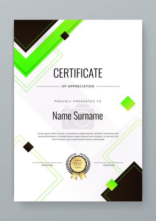 Illustration for Vector elegant gradient white, black and green certificate of appreciation awards with badges template for business achievement and company - Royalty Free Image