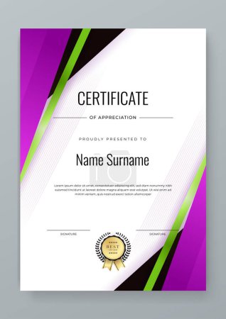 Illustration for Vector modern colorful white, purple and green certificate of achievement template with badge - Royalty Free Image