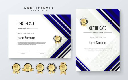 Modèle de certificat de réussite vectoriel moderne coloré blanc et bleu foncé avec badge