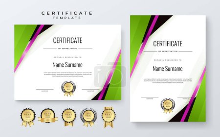 Illustration for Vector modern colorful white, green, and pink certificate of achievement template with badge - Royalty Free Image