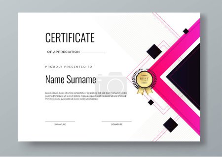 Illustration for Vector elegant gradient white, black and pink certificate of appreciation awards with badges template for business achievement and company - Royalty Free Image