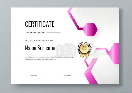 Illustration for Vector elegant gradient white and magenta certificate of appreciation awards with badges template for business achievement and company - Royalty Free Image