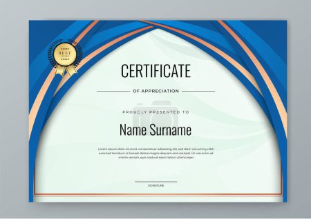 Illustration for Vector modern White blue and gold certificate of achievement template with badge - Royalty Free Image