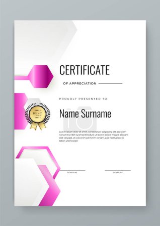 Illustration for Vector elegant gradient white and magenta certificate of appreciation awards with badges template for business achievement and company - Royalty Free Image