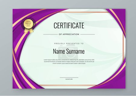 Modèle de certificat de réussite vectoriel moderne blanc, violet et or avec badge