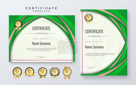 Modèle de certificat de réussite vectoriel moderne blanc, vert et or avec badge