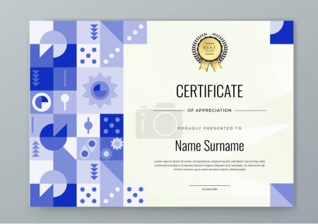 Illustration for Vector modern colorful blue, white and gold certificate of achievement template with badge - Royalty Free Image