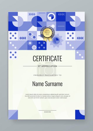 Modèle de certificat de réussite vectoriel moderne bleu, blanc et or avec badge