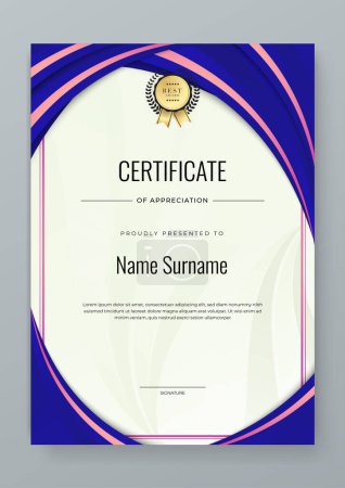 Illustration for Vector modern White, blue and pink certificate of achievement template with badge - Royalty Free Image