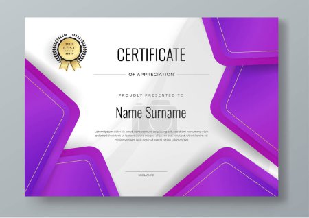 Illustration for Vector modern colorful purple, white and gold certificate of achievement template with badge - Royalty Free Image